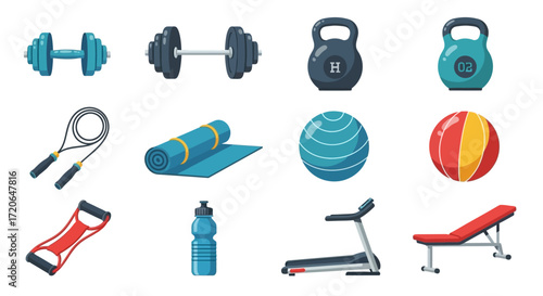 A collection of diverse fitness and gym equipment including dumbbells, kettlebells, jump rope, yoga mat, exercise balls, resistance band, water bottle, treadmill, and weight bench.