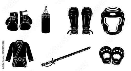 A collection of black silhouette icons depicting various martial arts and combat sports equipment, including gloves, a punching bag, shin guards, headgear, a kimono, a sword, and paw-like gloves.