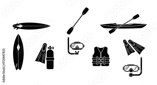 Collection of black silhouette icons representing various water sports and diving equipment on a white background.