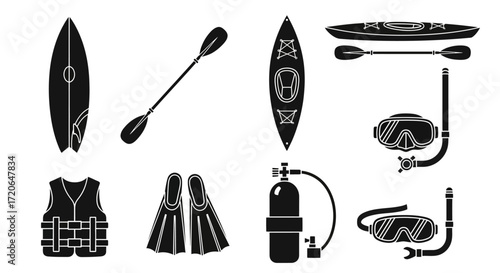 Flat lay of water sports equipment icons: kayak, surfboard, diving mask, snorkel, fins, life vest, and oxygen tank, against a clean white background, showcasing a