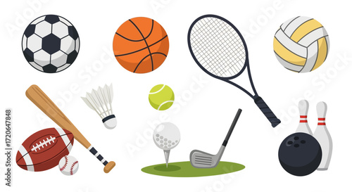 A collection of various sports equipment including balls, rackets, bats, and pins for different games.