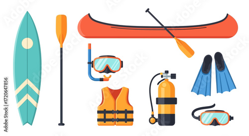 A collection of colorful water sports and diving equipment, including a surfboard, canoe, paddle, snorkel, mask, fins, life vest, and scuba tank, set against a white background.