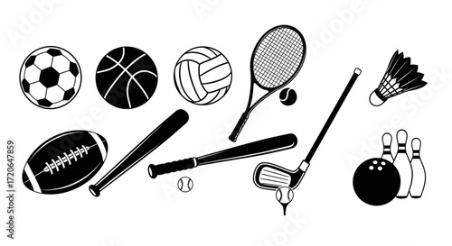 A collection of black and white sports equipment including various balls, bats, rackets, and other gear for different games.