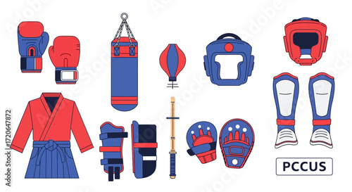 A comprehensive collection of various martial arts and boxing equipment, including gloves, punching bags, headgear, shin guards, and a uniform.