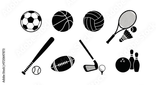 Flat lay image of various monochrome sport equipment icons against a white background, showcasing a collection of ball games, racquet sports, and bat-and-ball sports