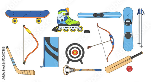 A collection of various sports equipment including a skateboard, inline skates, snowboard, skis, bows and arrows, an archery target, hockey stick, lacrosse stick, and cricket set.