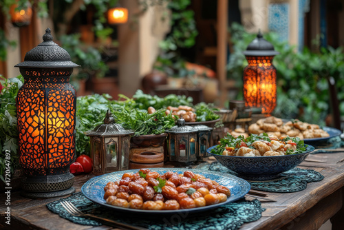 Plates of food on table with lantern.
