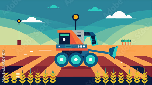 A selfdriving robotic harvester with a sophisticated navigation system that can create efficient harvesting routes reducing time and energy wastage.. Vector illustration