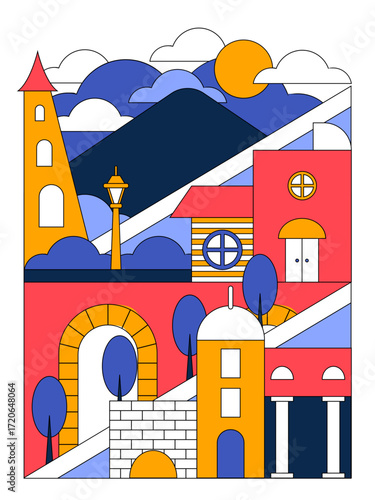 Stylized town scene with colorful buildings arches trees and mountain backdrop under sunny sky representing vibrant architecture and harmony between nature and urban life
