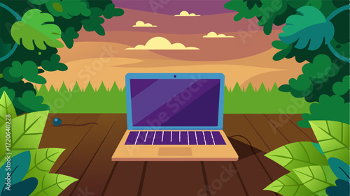 A laptop beams on a warm wooden deck surrounded by rows upon rows of verdant gvines and the sweet aroma of crushed gs in the air.. Vector illustration