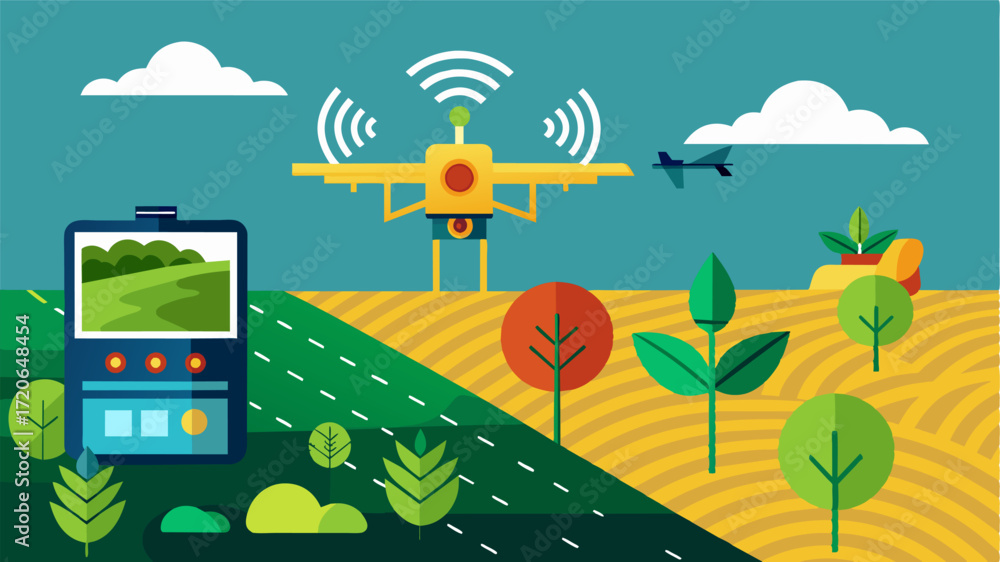 Fototapeta premium A precision agriculture system that uses GPS technology to create yield maps of a field optimizing planting and harvesting for maximum yield potential.. Vector illustration