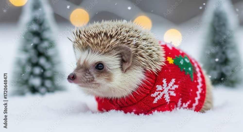 Obraz premium Cute hedgehog wearing a red Christmas sweater with a snowflake pattern, sitting in fresh snow with festive lights.