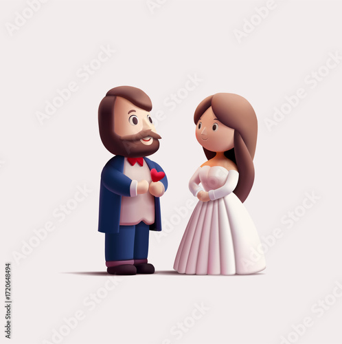 A newlywed couple getting married, 3D cute characters of lovers. For concepts of proposal, wedding, Valentine's Day. Vector illustration. 