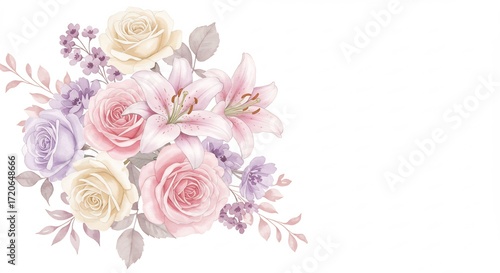 Rose delicate gigli pastello luce soffusa composizione floreale romantica. AI Generated