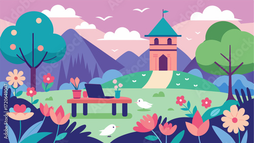 A peaceful monastery garden serves as the ideal workspace for a digital nomad surrounded by blooming flowers and chirping birds.. Vector illustration