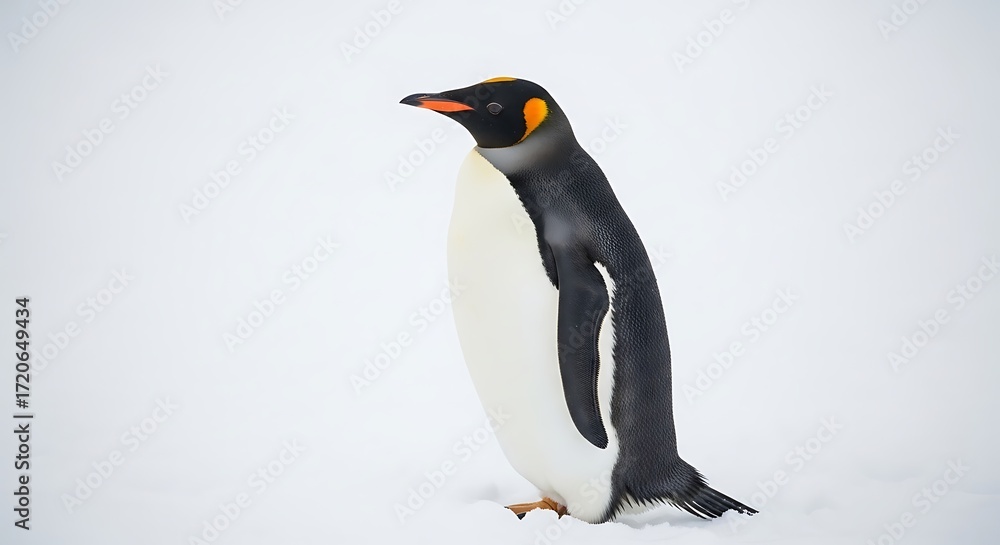 Fototapeta premium A regal emperor penguin stands poised against a pristine white backdrop, showcasing its striking black and white plumage.