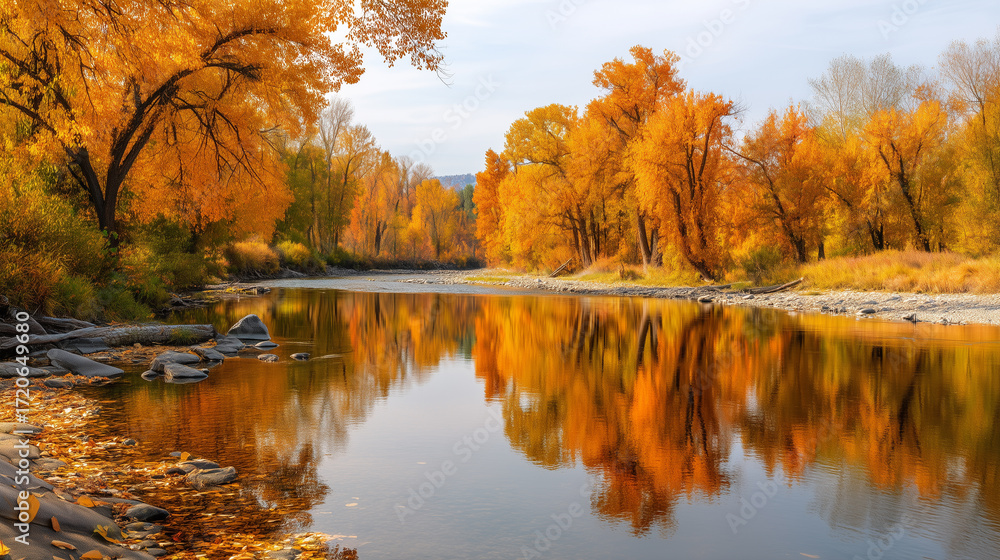 Naklejka premium Autumn river landscape with orange foliage