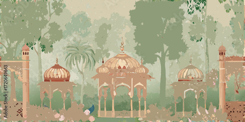 Serene indian garden with mughal architecture and lush green foliage