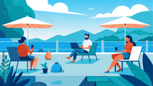A group of remote workers enjoy a break from work as they lounge on a spacious outdoor patio. The view of the Mediterranean sea is simply breathtaking providing a muchneeded. Vector illustration