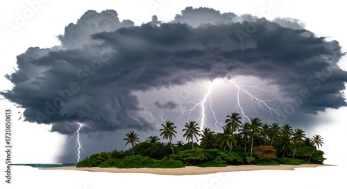 Tempesta tropicale minaccia isola palme fulmini luce drammatica. AI Generated