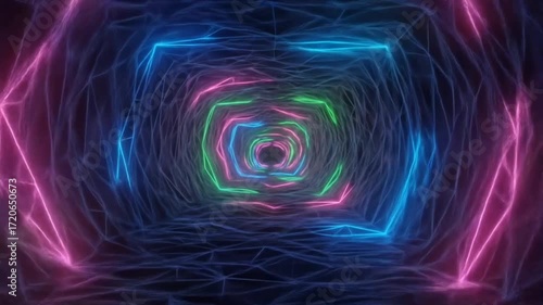 Futuristic neon tunnel with glowing lines creating endless digital perspective