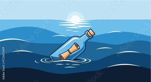 Message in a Bottle Floating on the Sea at Sunset