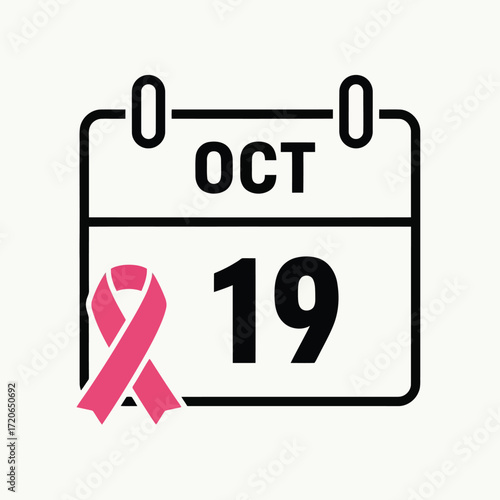 October 19 calendar date pink ribbon breast cancer awareness month event reminder icon vector