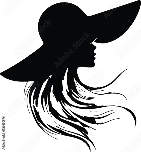 woman with long flowing hair and wide-brimmed hat, detailed portrait, black and white, high contrast, dramatic lighting, digital art
