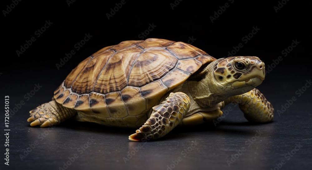 Fototapeta premium Tartaruga elegante posa su sfondo nero luce intensa dettagli nitidi. AI Generated