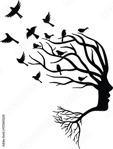 bare tree silhouette with flying birds, dark moody atmosphere, detailed elegant black and white illustration
