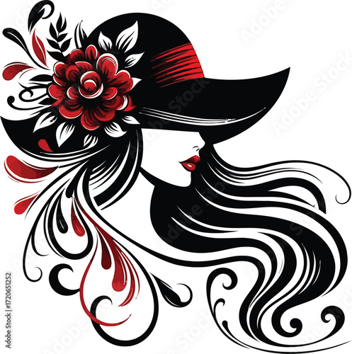 artistic woman profile with long flowing hair, exquisite feather hat, detailed floral pattern, black background, digital illustration, elegant, cinematic lighting, dramatic, volumetric, chiaroscuro
