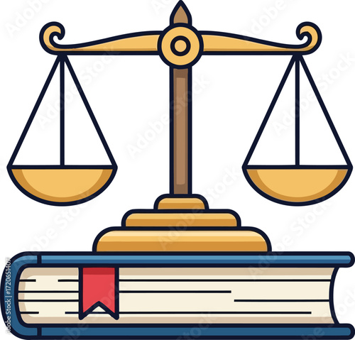 Justice scales balanced on legal book symbolizing law fairness equity and legal system guidance vector