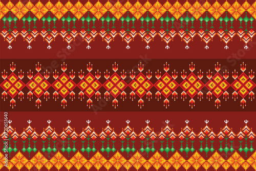 set of seamless patterns. Warm red background with golden and green accents in a rhythmic pattern.