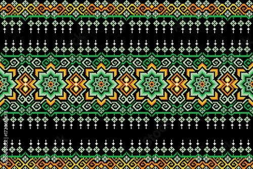 vector seamless pattern. Bright star-shaped design in green, yellow, and black contrast.