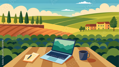 A laptop and a notebook are neatly arranged on a wooden bench overlooking rows of lush vines in a peaceful vineyard chateau.. Vector illustration