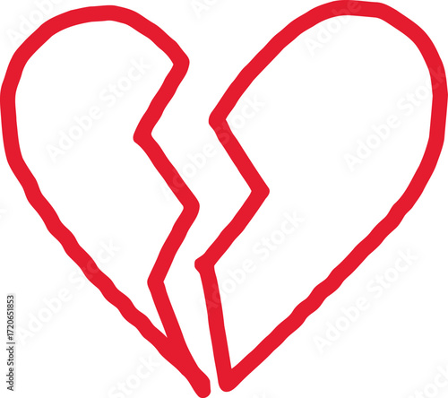 broken heart, red heart shape, outline of heart, cracked heart, symbol of heartbreak, love loss concept, negative emotion, simple graphic design
