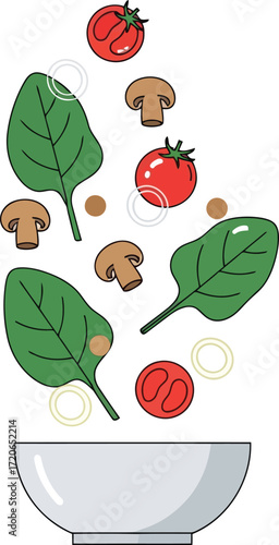 Fresh spinach tomatoes mushrooms flying into bowl healthy ingredient food preparation concept vector