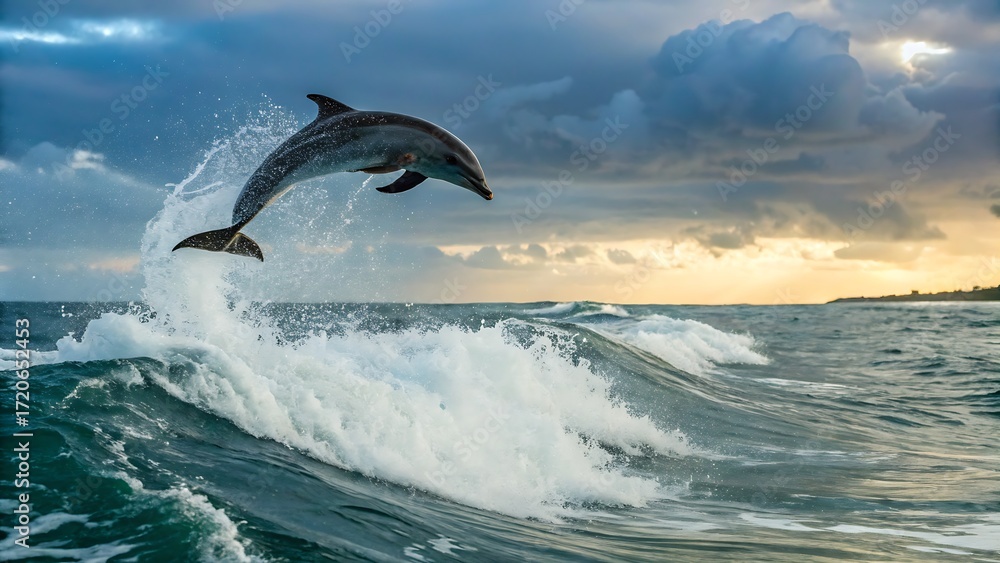 Obraz premium Dolphin leaping out of the water with a cloudy sky background