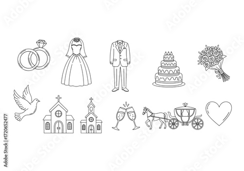 Set of  wedding icons in hand drawn doodle style. Vector illustration with rings, bride dress, groom suit, bouquet, cake, dove, church, champagne, carriage