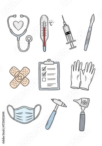 Set of 10 doctor icons in hand drawn doodle style. Vector illustration with stethoscope, thermometer, syringe, scalpel, clipboard, bandage, gloves, mask, reflex hammer, otoscope.