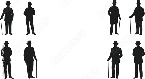 Silhouette of vintage gentlemen with hats and walking canes, classic retro style, elegant fashion, old-fashioned men, traditional historic look