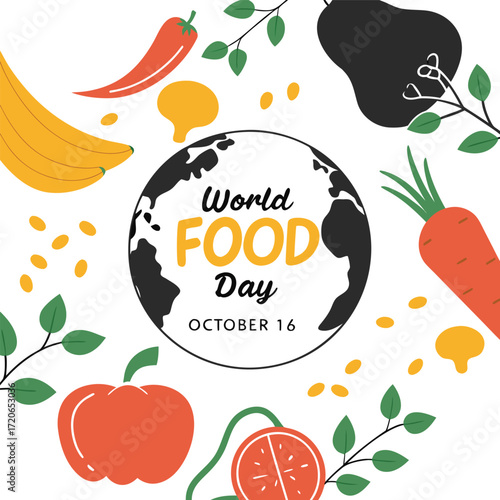 World Food Day Poster – Hyperrealistic Fruits and Vegetables with Globe Silhouette and Hand-Lettered Design