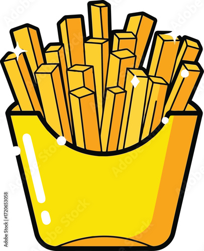 Crispy golden french fries served in a classic yellow paper container fast food icon illustration vector