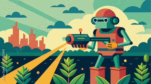 A retrofuturistic illustration revealing a robot using a handheld laser to out overgrown crops while an automated conveyor belt collects and disposes of the extracted plants.. Vector illustration