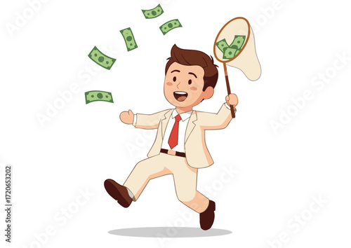 Excited businessman joyfully chasing falling money with a net, symbolizing financial success, wealth, and prosperity; a visual representation