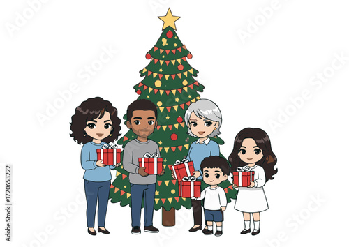 Illustration of a happy multicultural, multi-generational family celebrating the holiday season with gifts while gathered around the Christmas tree