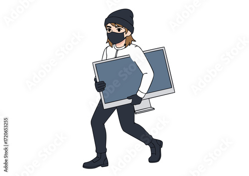 Masked individual carrying a stolen computer monitor, symbolizing digital theft, cyber security threats, and the illegal acquisition of electronic equipment, highlighting modern crime issues