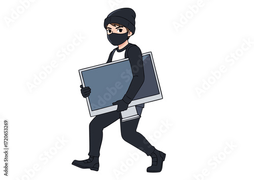 Masked thief in dark attire and gloves stealthily carries a stolen flat-screen TV. This illustration embodies the concept of property crime, burglary, and unlawful acquisition