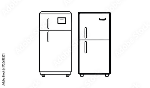Two stylized line art refrigerators side by side with freezer on top