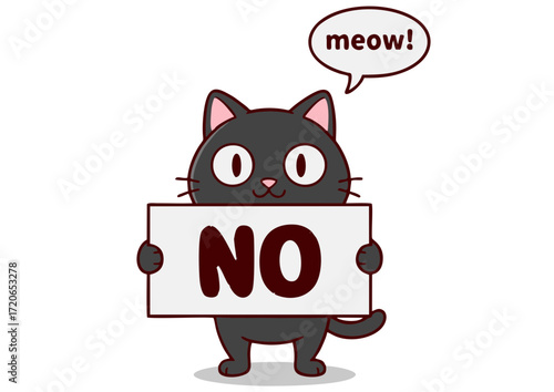 Cute Black Cat Holding a 'No' Sign Adorable Illustration of a Feline Saying No